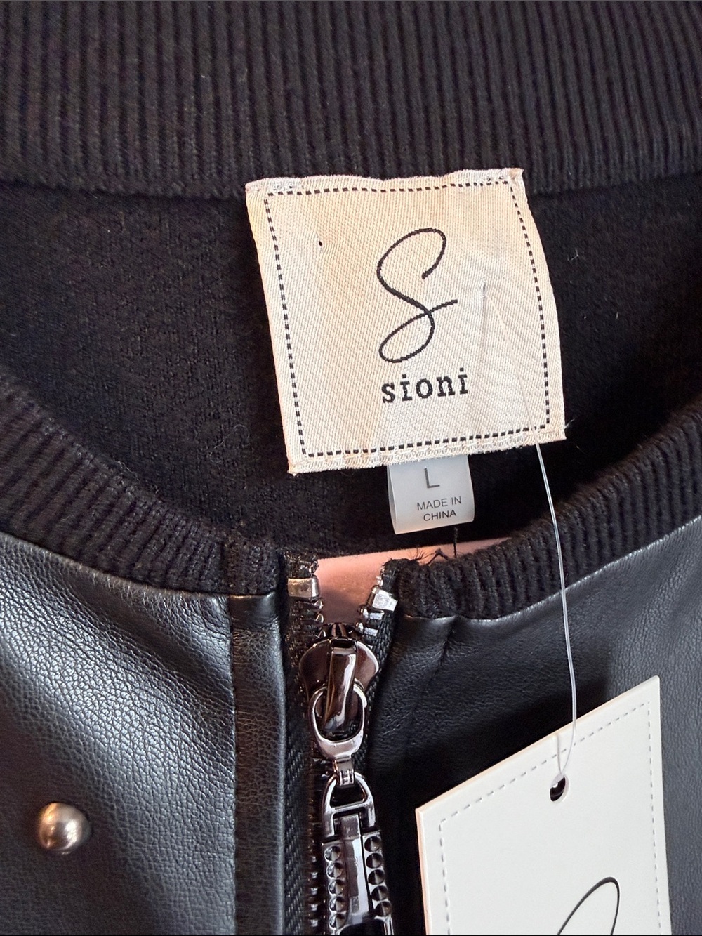 Sioni Black Faux Leather Zip Front Bomber Jacket Sweater Large NWT - Picture 3 of 6